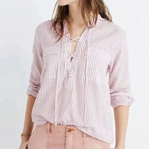 Madewell Pink Terrace Lace Up Vera Long Sleeve Striped Shirt Top Size S